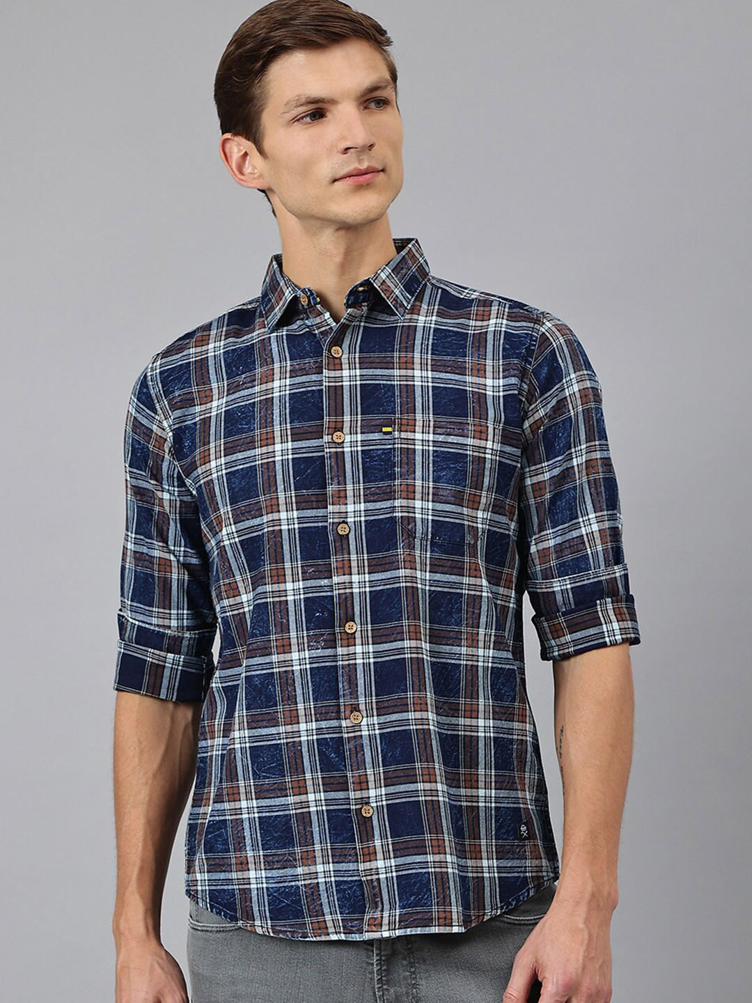 Thomas Scott Men Brown Tartan Checks Checked Casual Shirt