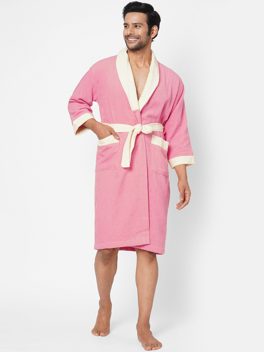 SPACES High Absorbency, Quick To Dry Pink Cotton Drawstring Knee Length Bath Robe-L