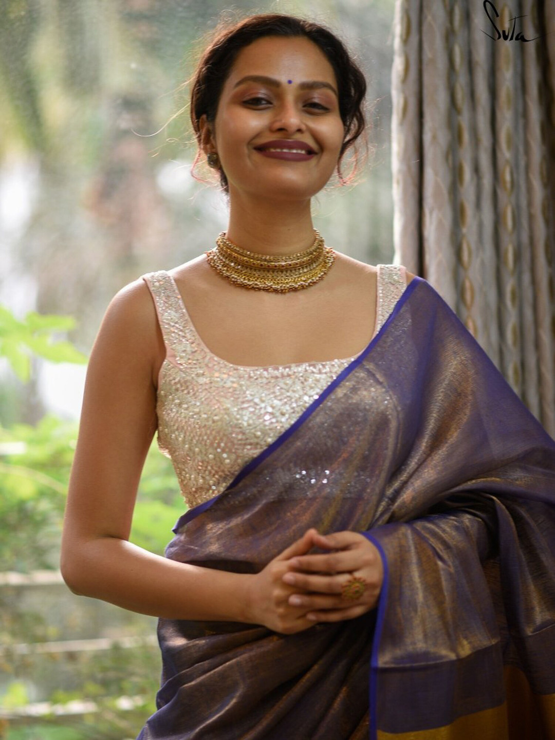 Suta Women Pink & White Embellished Saree Blouse