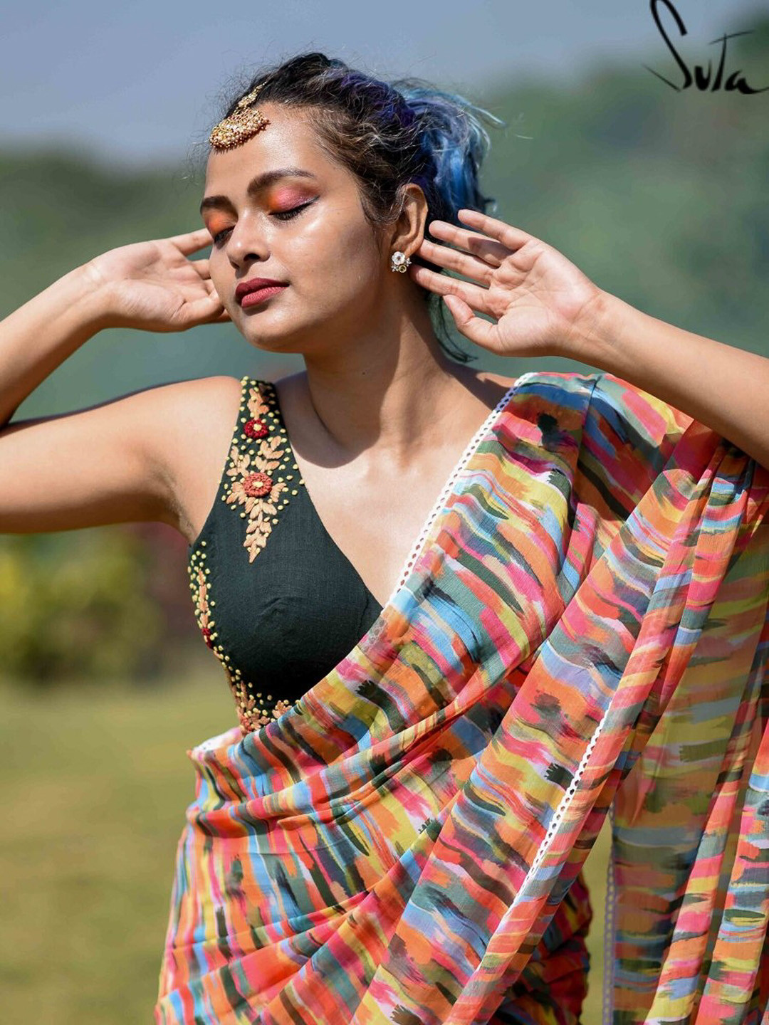 Suta Green Hand Embroidered Cotton Saree Blouse