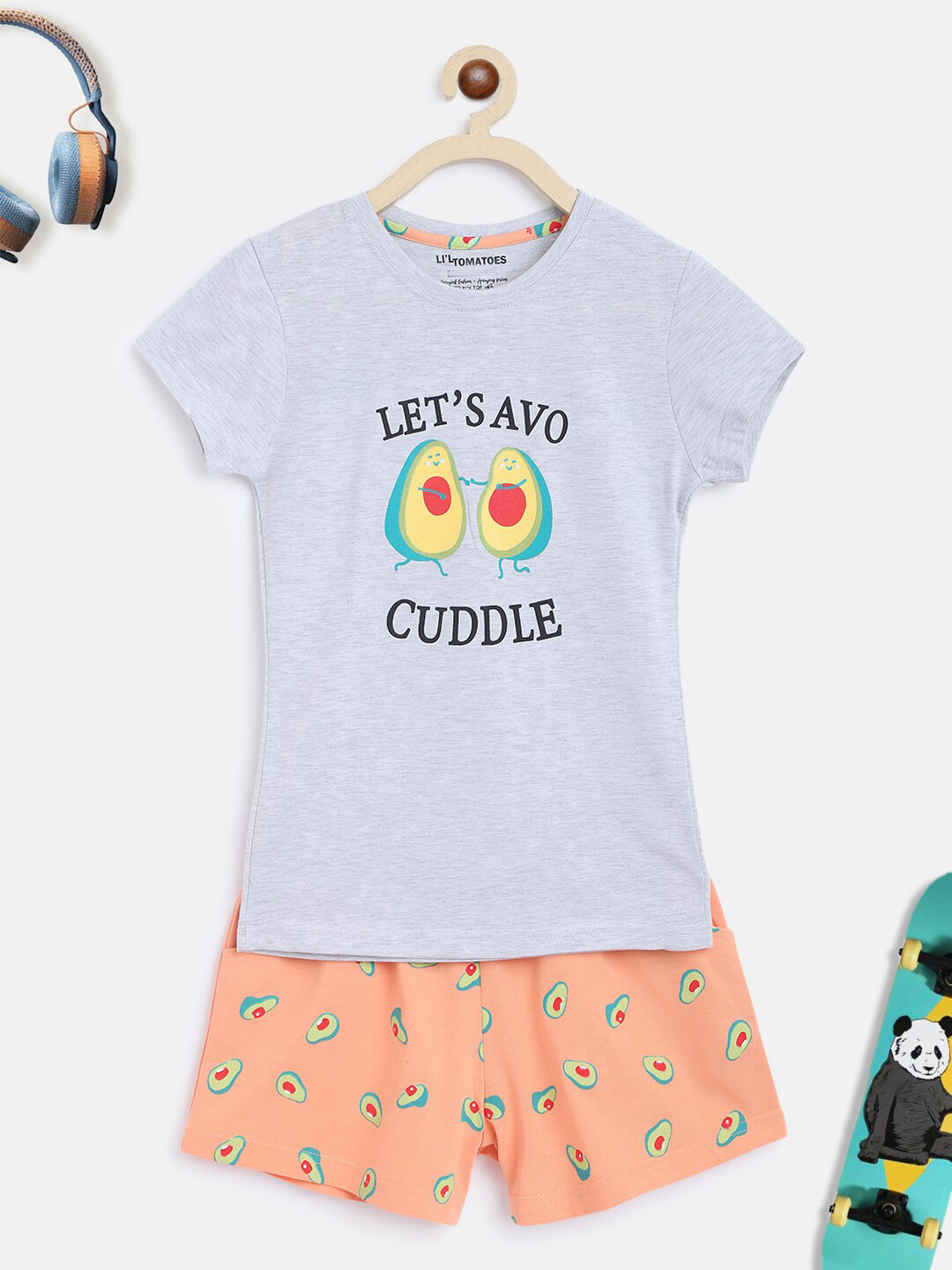 Lil Tomatoes Girls Peach-Coloured & Blue Printed Night suit
