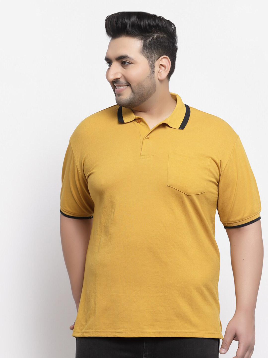 plusS Men Plus Size Mustard Yellow Polo Collar Drop-Shoulder Sleeves Cotton T-shirt