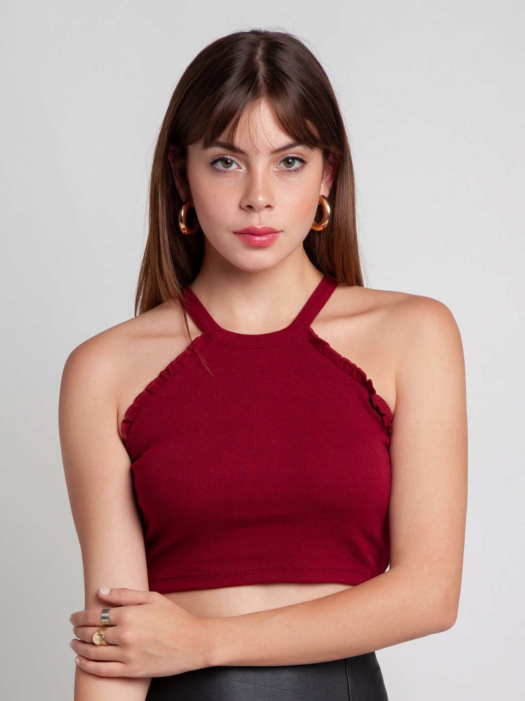 zink Z Women Maroon Halter Neck Bodycon Crop Top