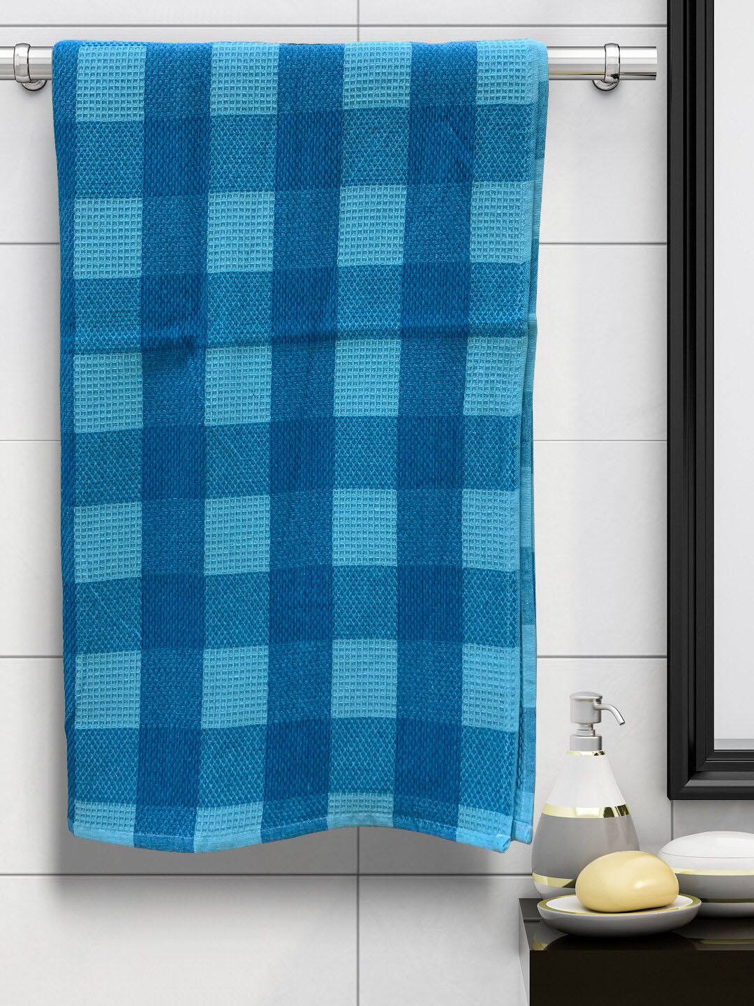 Athom Trendz Pack of 3 Blue Checked 210GSM Eco Savior Premium Cotton Bath Towel
