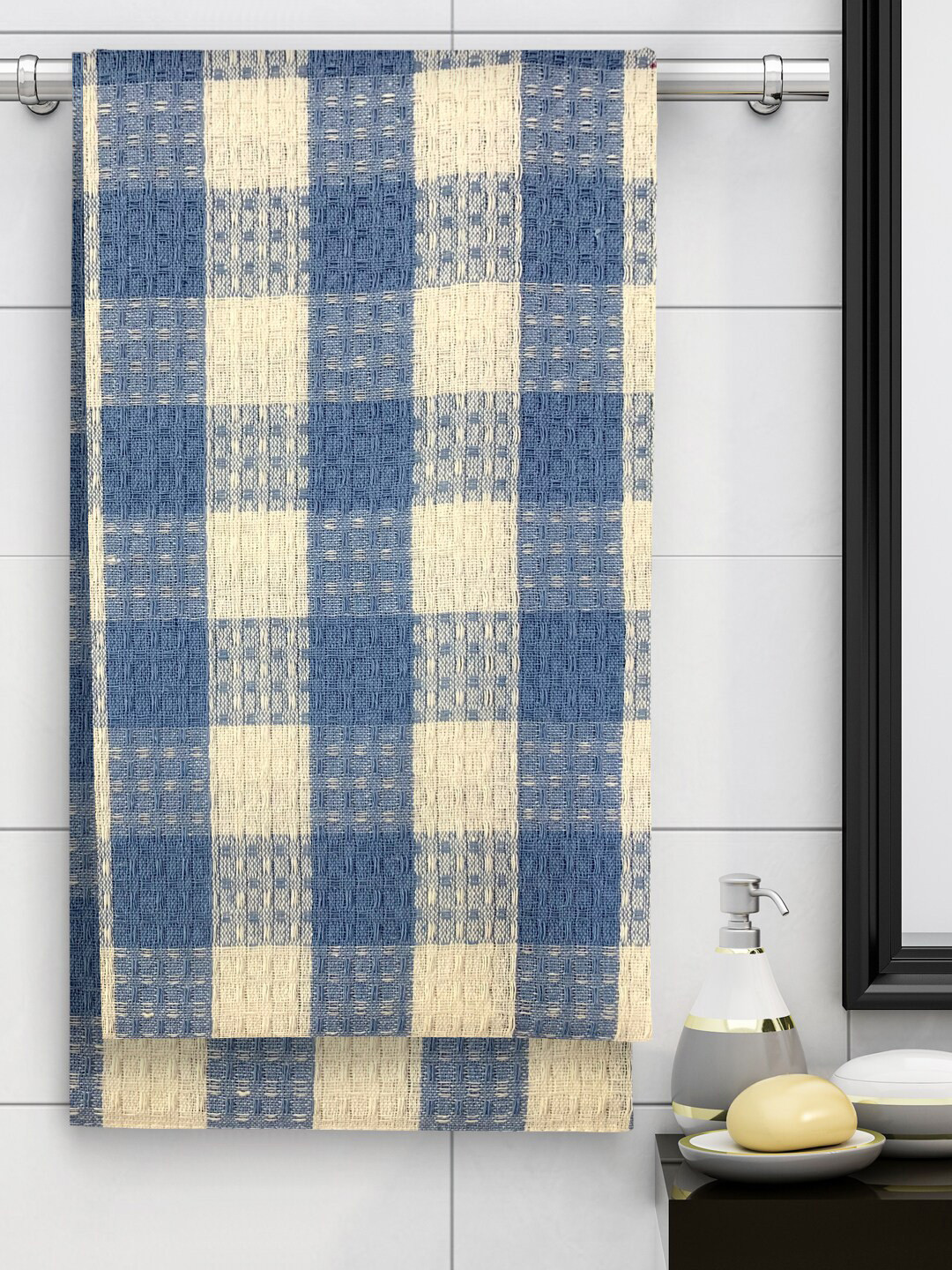 Athom Trendz Pack of 2 Blue & Beige Checked 210GSM Eco Savior Premium Cotton Bath Towel