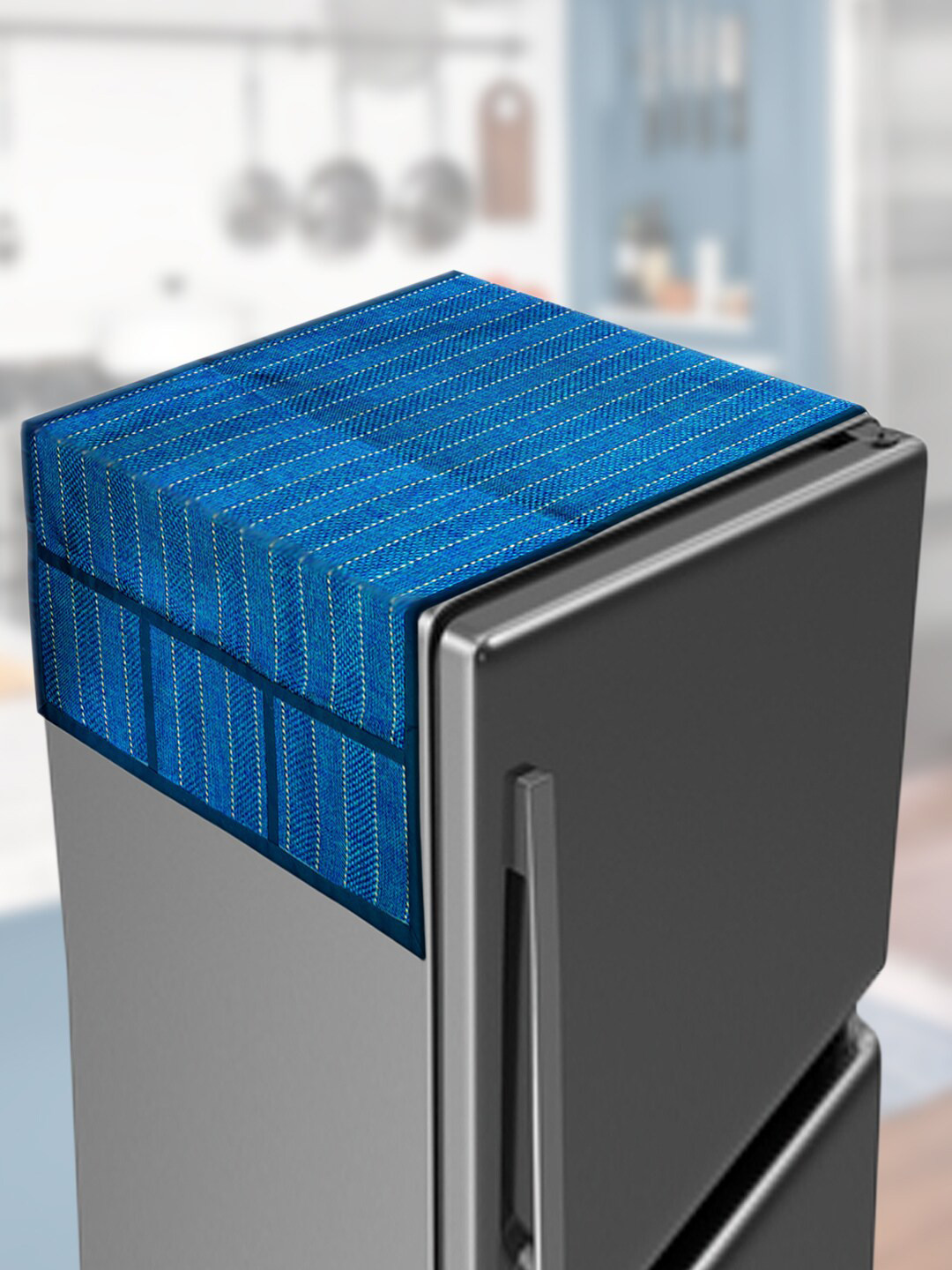 Kuber Industries Blue Printed Jute Fridge Top Cover With 6 Side Pockets