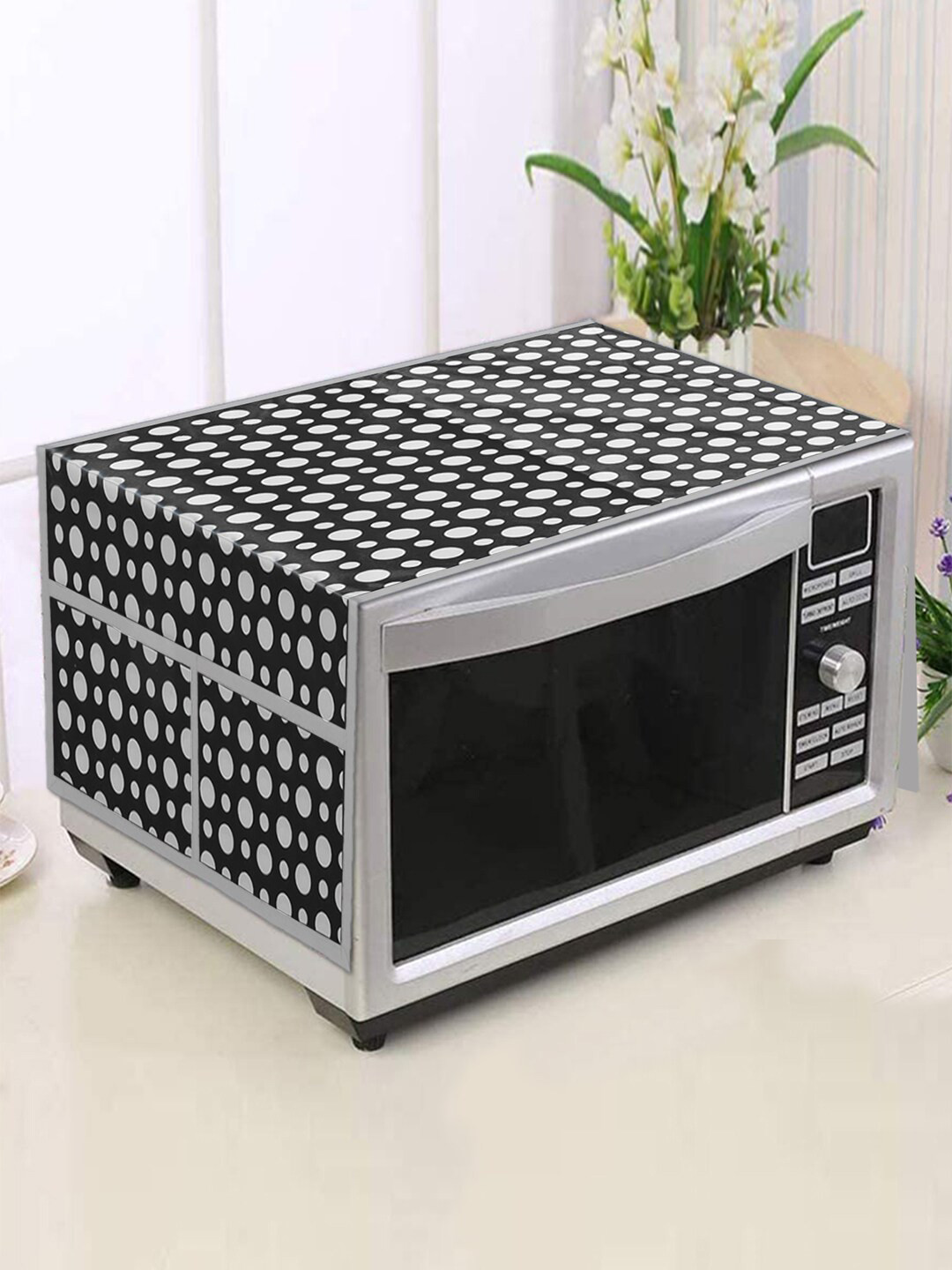 Kuber Industries Black Printed PVC Decorative Microwave Oven Top Cover With 4 Pockets