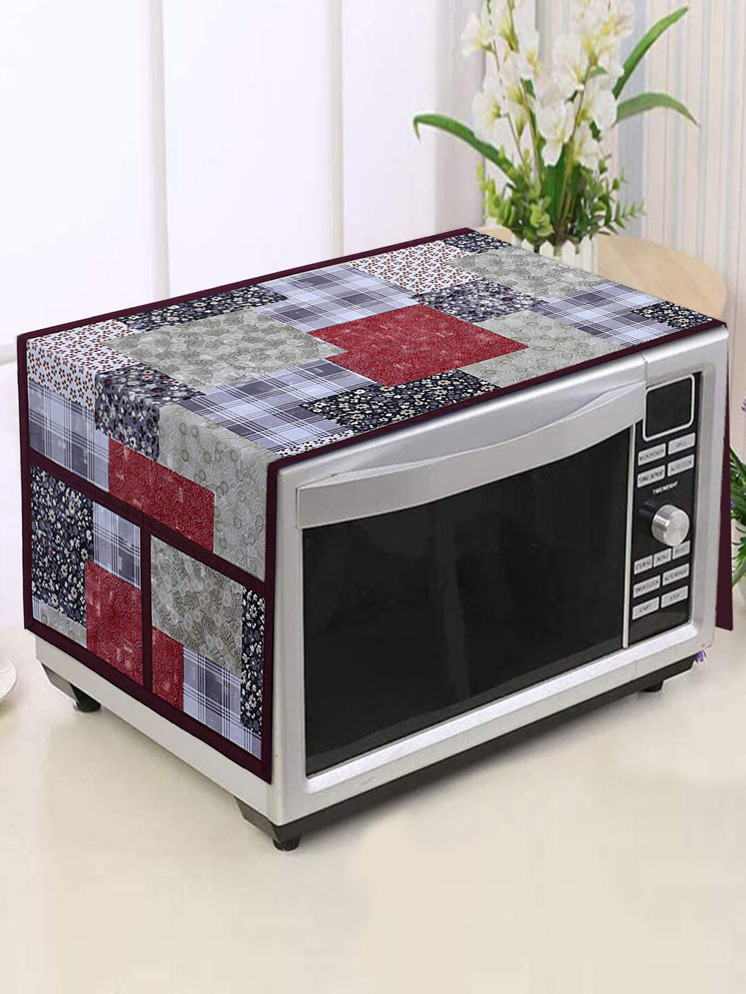 Kuber Industries Brown & Grey Printed PVC Microwave Oven Top Cover With 4 Pockets