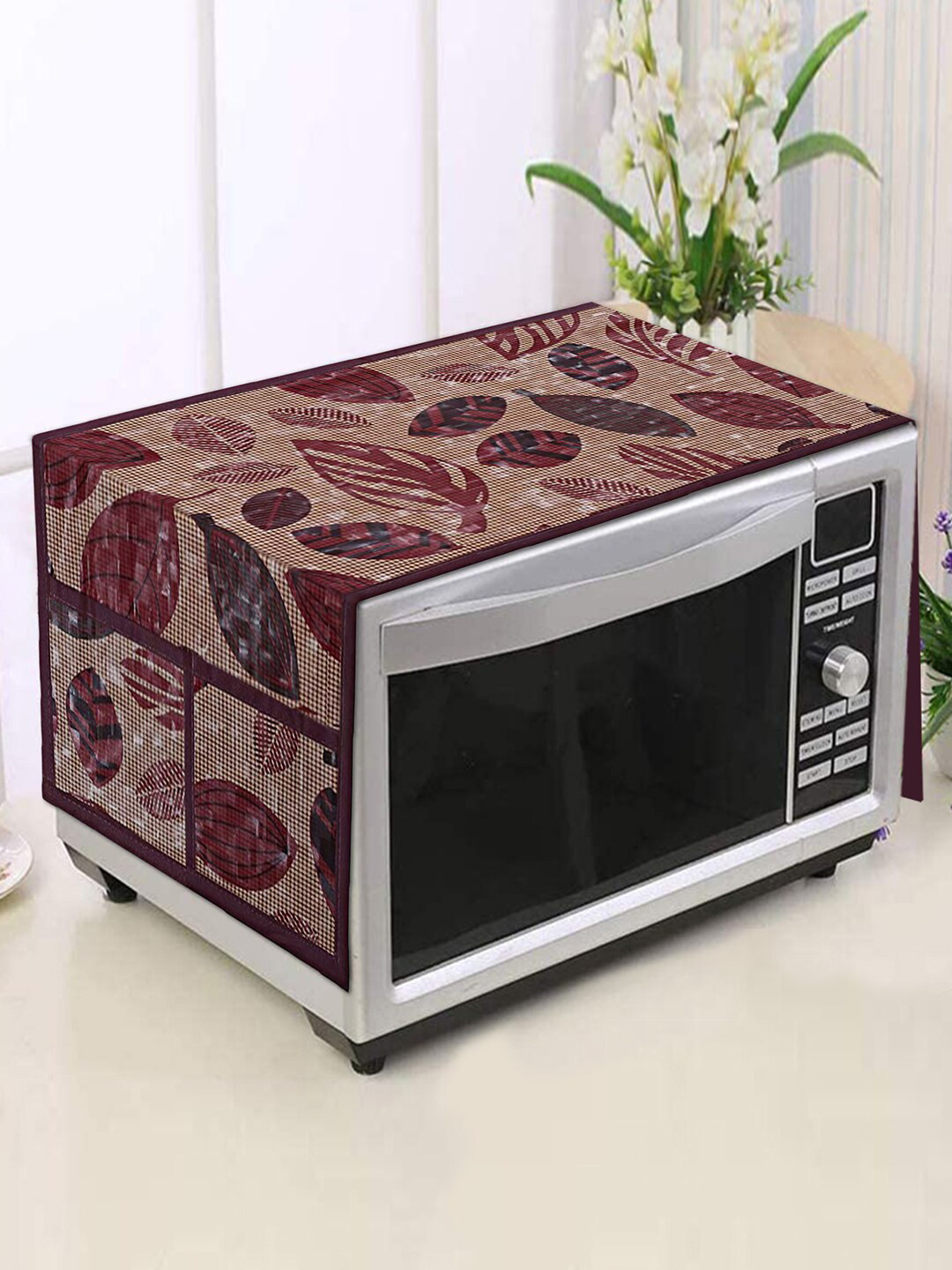 Kuber Industries Maroon & Beige Leaf Printed Microwave Oven Cover