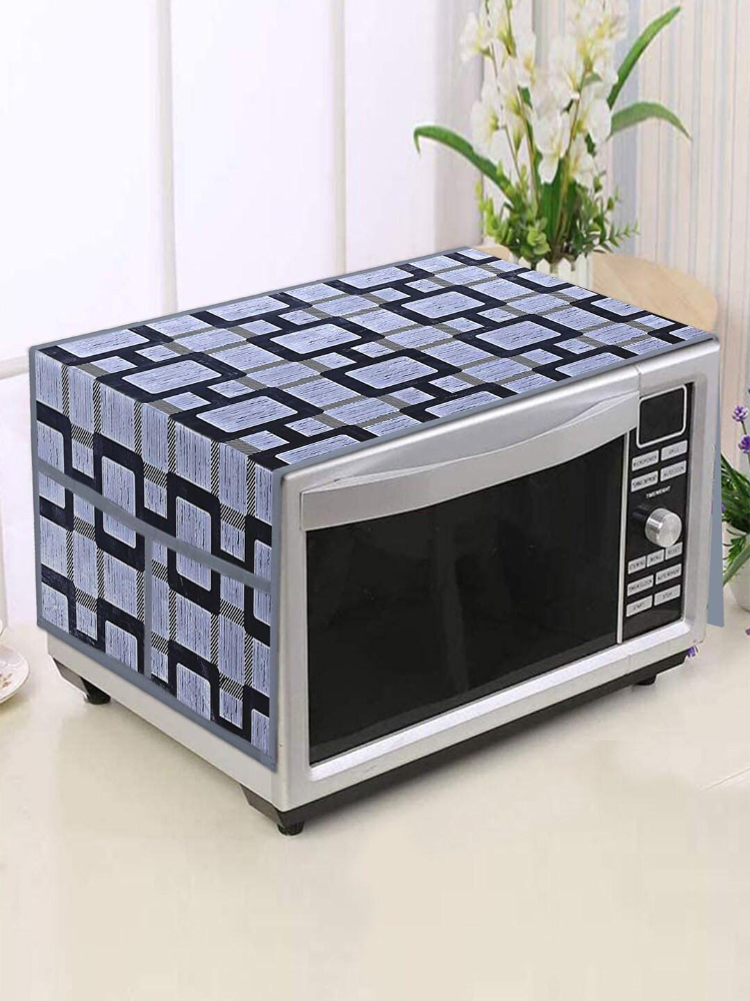 Kuber Industries Grey & Blue Checked Decorative Microwave Oven Top Cover