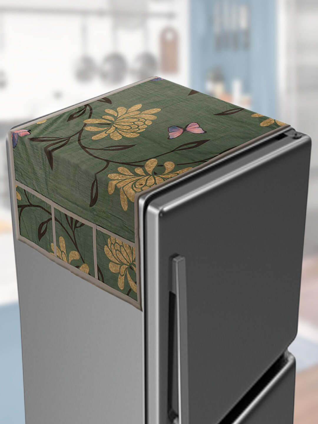 Kuber Industries Green & Beige Printed Refrigerator Top Cover