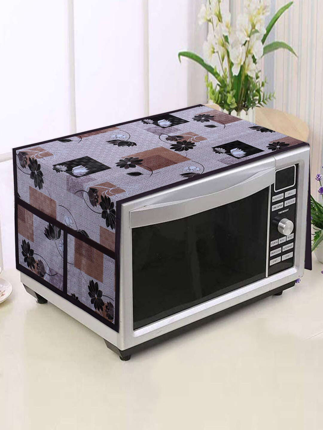 Kuber Industries Pink & Brown Floral Printed Microwave Oven Top Cover