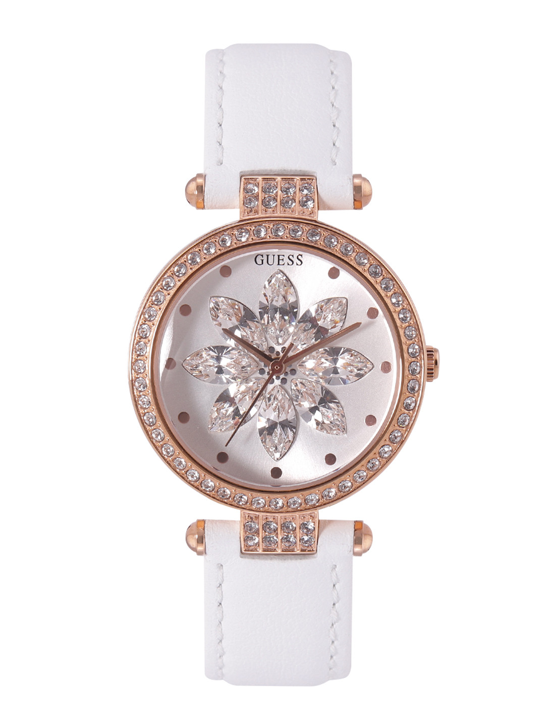 GUESS Women FULL BLOOM Embellished Dial & White Leather Straps Analogue Watch GW0382L3