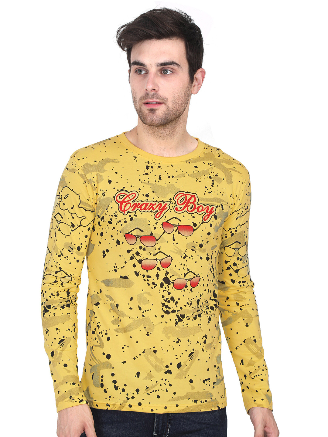 Fleximaa Men Yellow Printed Full Sleeve T-shirt