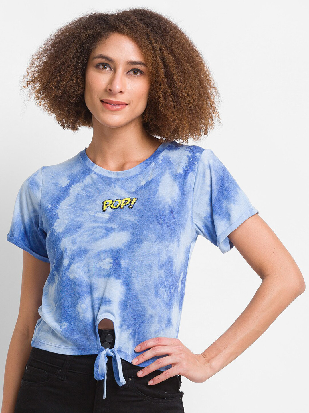 Globus Women Blue & White Tie and Dye T-shirt