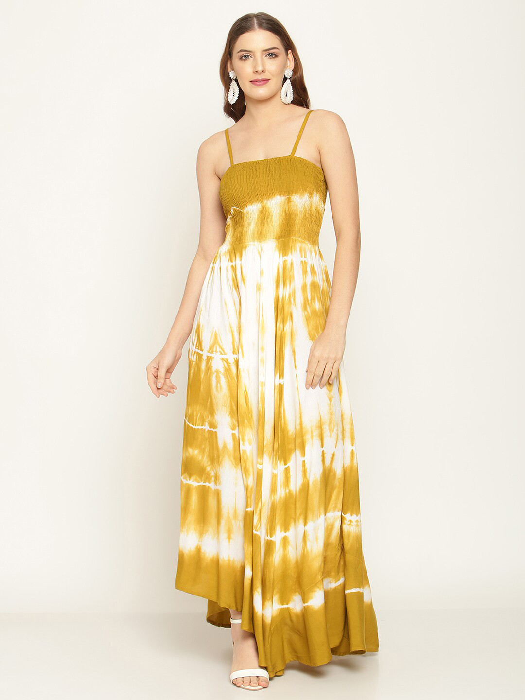 Aawari Women Mustard Yellow Tie and Dye A-Line Maxi Dress