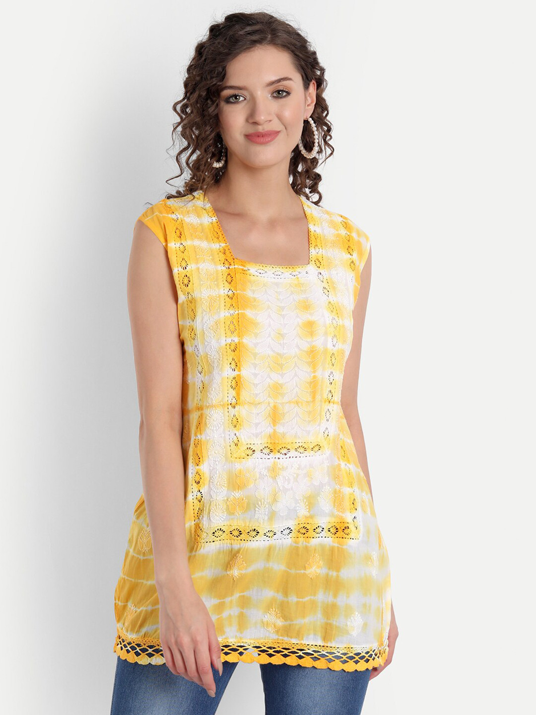 Indian kala4u Women White Chikankari Embroidered Tie & Dye Pure Cotton Top