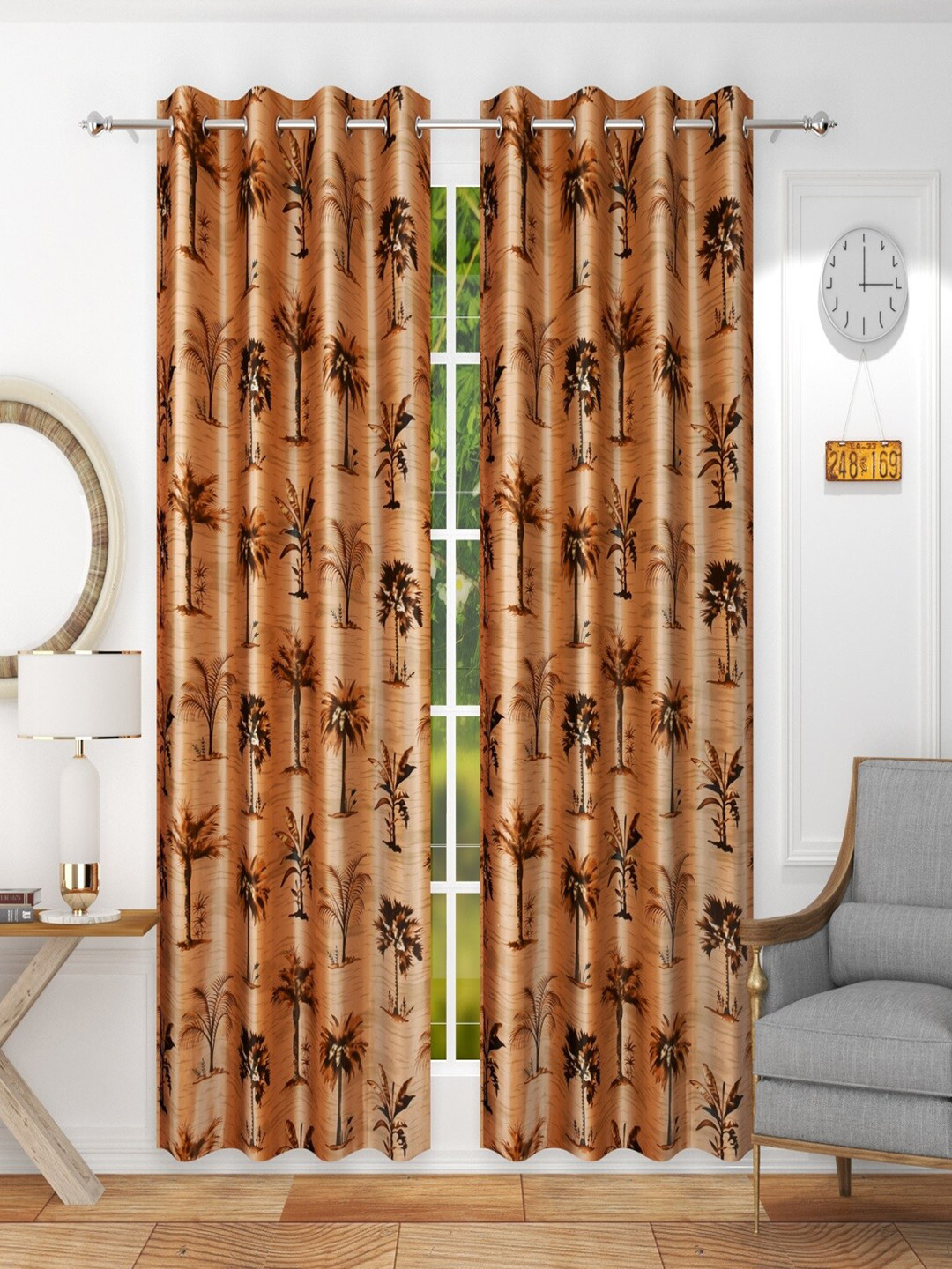 Homefab India Brown Set of 2 Floral Door Curtain