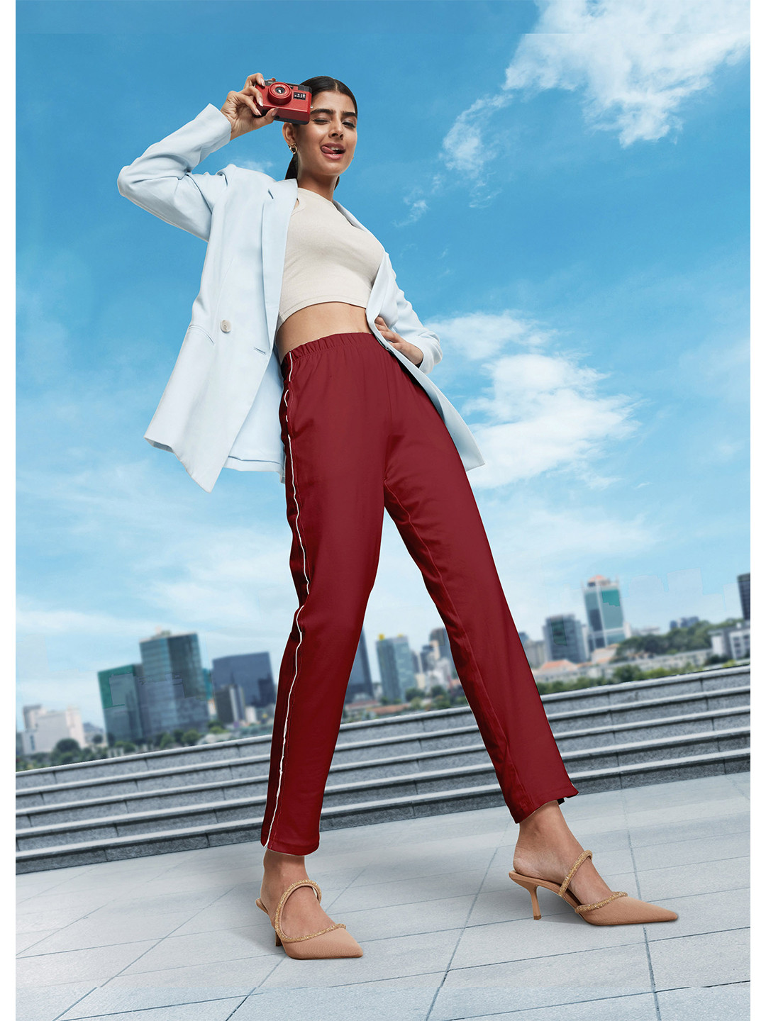 elleven Women Red Mid Rise Regular Trousers