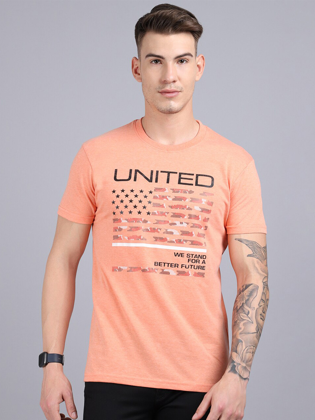 Rodamo Men Orange Typography Printed Slim Fit T-shirt