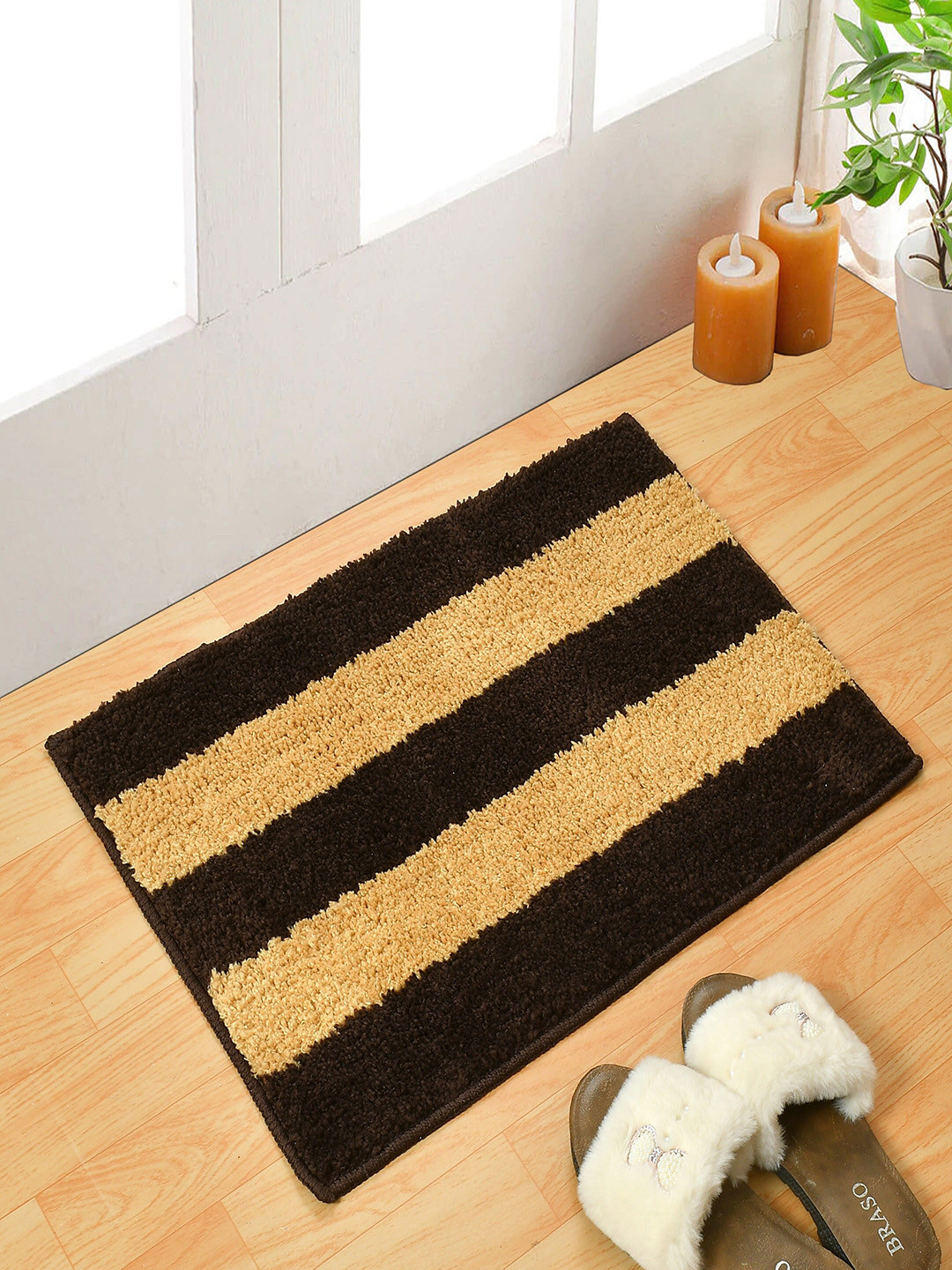Homefab India Set Of 2 Coffee Brown & Beige Stripe 1000 GSM Anti-Skid Rectangular Bath Rugs
