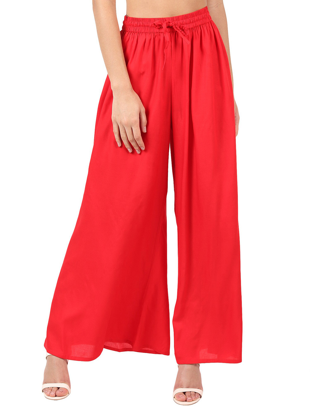 MUFFLY Women Red Solid Flared Chambray Palazzos