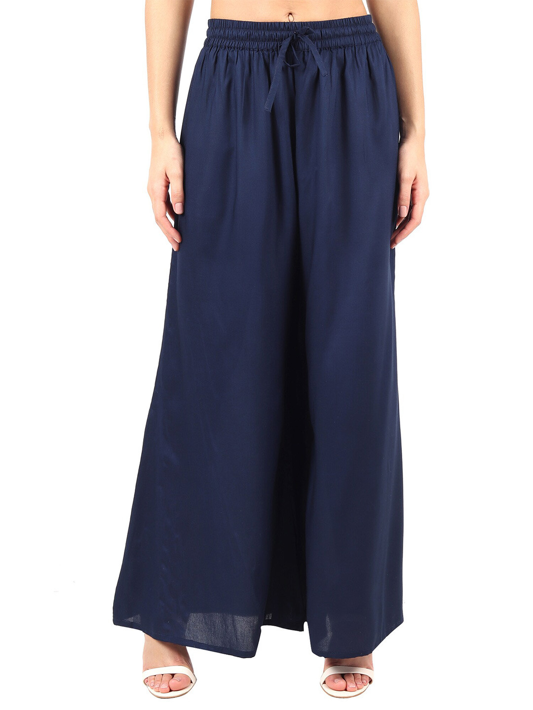 MUFFLY Women Navy Blue Flared Chambray Palazzos
