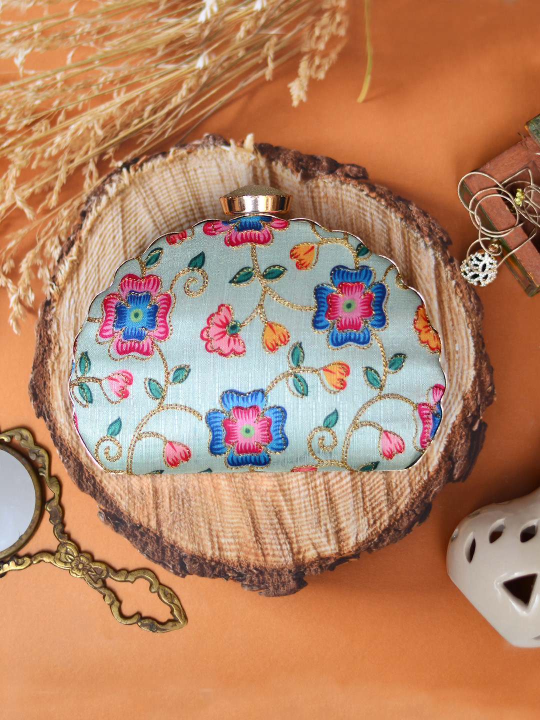 ARTKLIM Cream-Coloured & Blue Embroidered Box Clutch