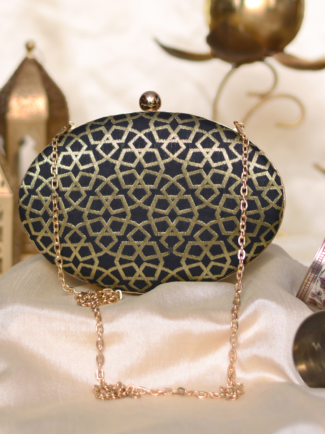 ARTKLIM Black & Gold-Toned Embroidered Box Clutch