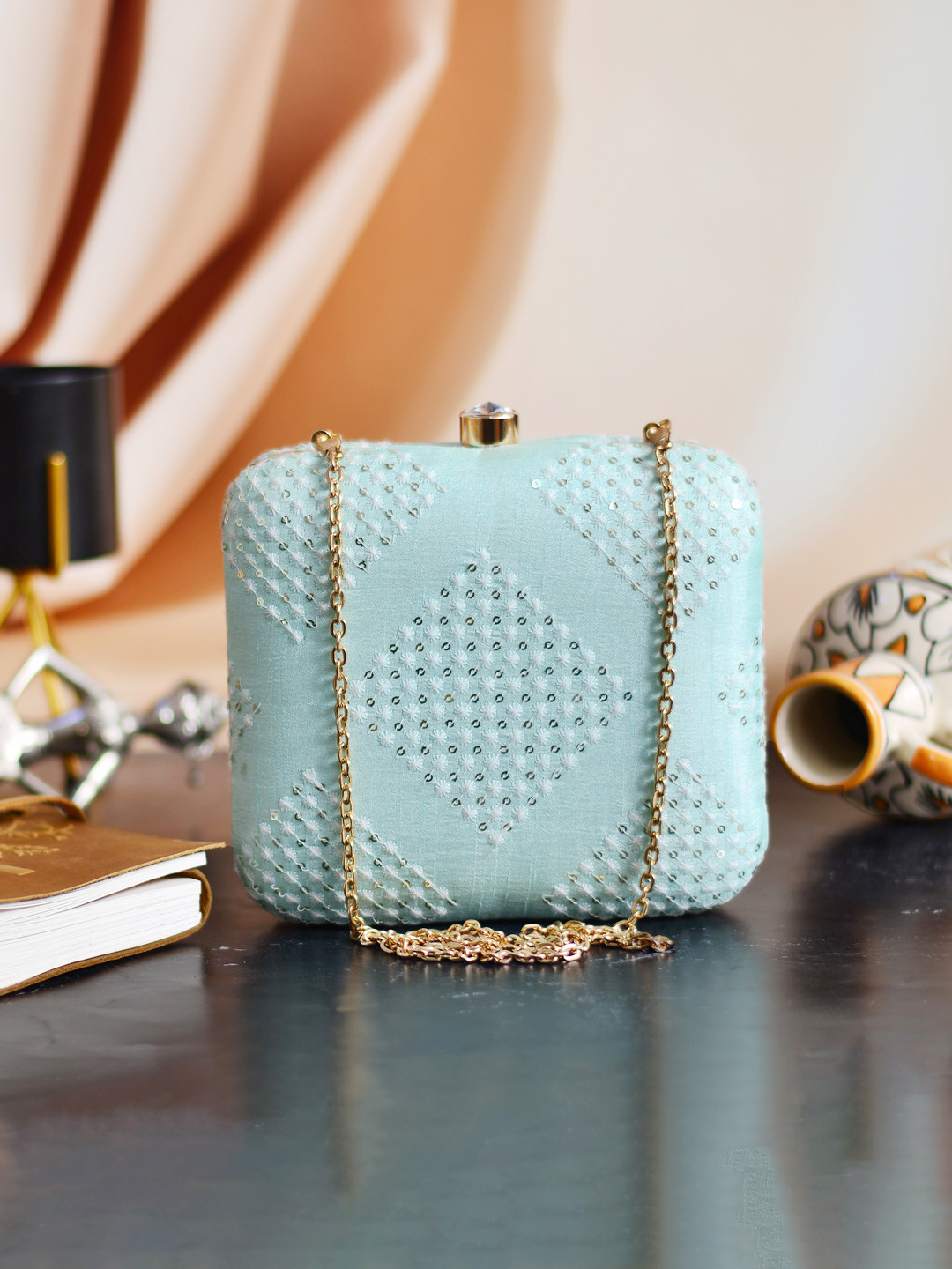 ARTKLIM Blue Embroidered Fabric Box Clutch