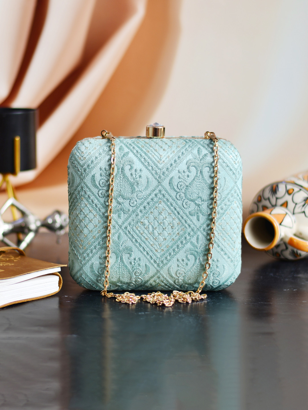 ARTKLIM Sea Green Embroidered Box Clutch