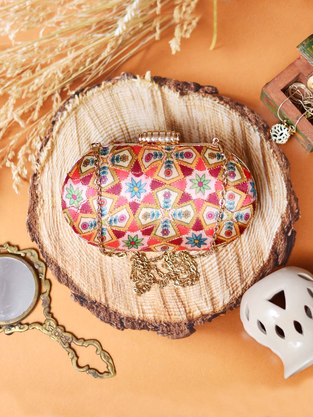 ARTKLIM Orange & Gold-Toned Embroidered Box Clutch