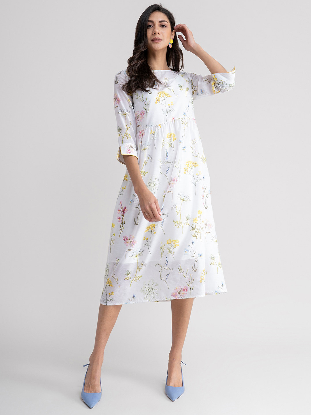 FABLE STREET White & Yellow Floral Cotton A-Line Midi Dress