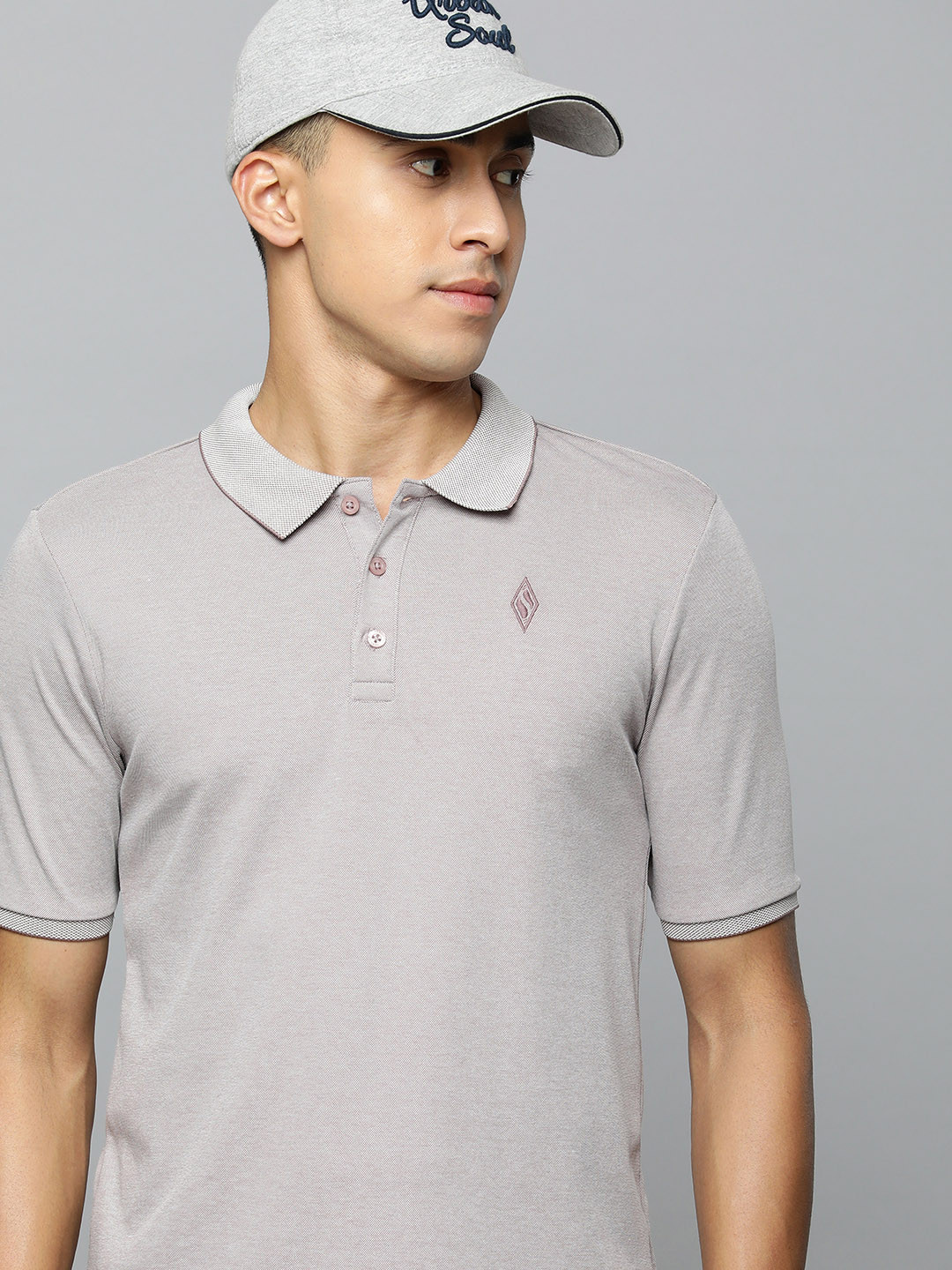 Skechers Men Taupe & Lavender Polo Collar T-shirt