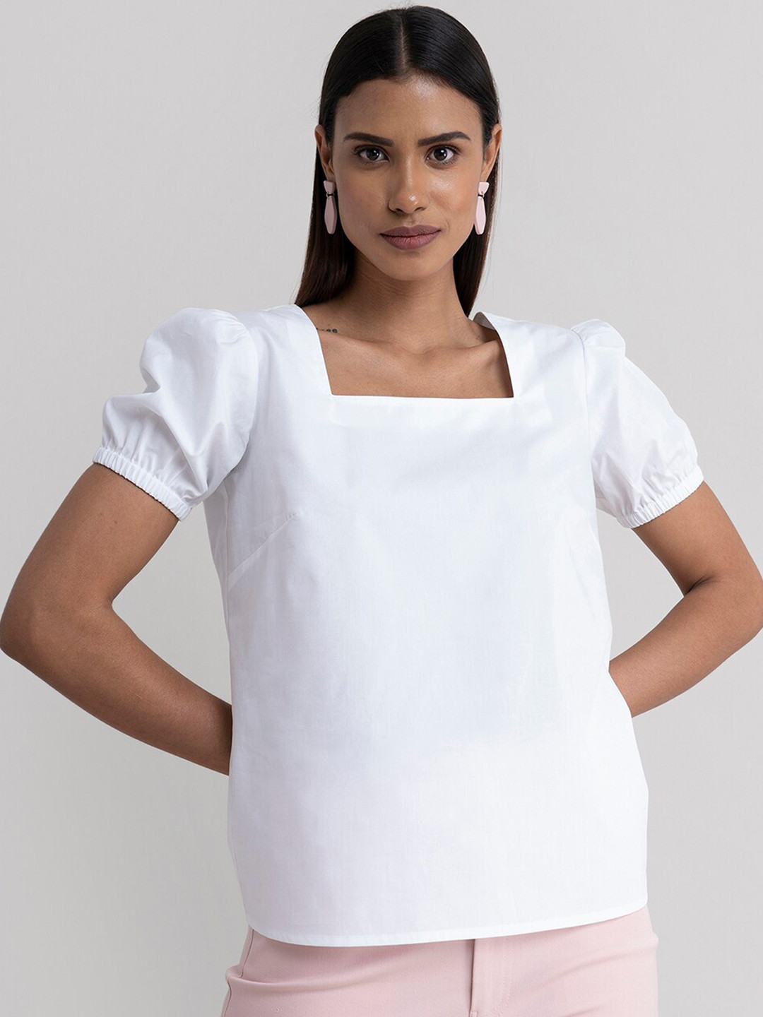 FableStreet White Cotton Puff Sleeve Top