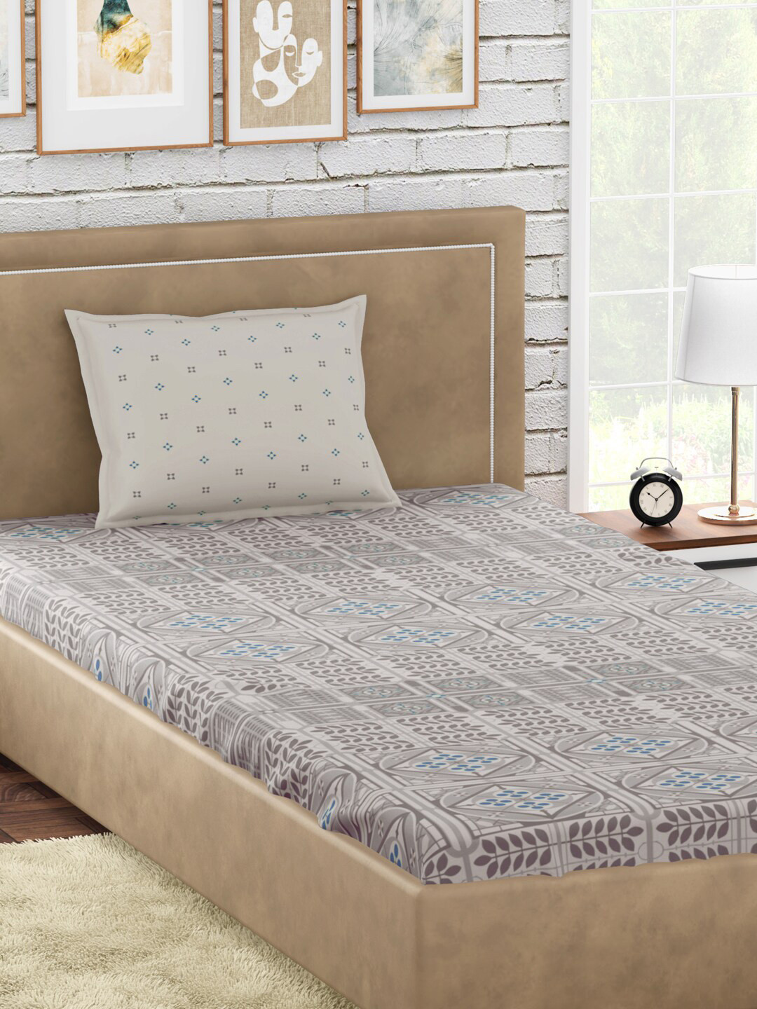 PETAL HOME Strasbourg Grey Geometric Pure Cotton Skin-Friendly 300 TC Single Fine Bedsheet with a Pillow Cover-60 x 90 inches