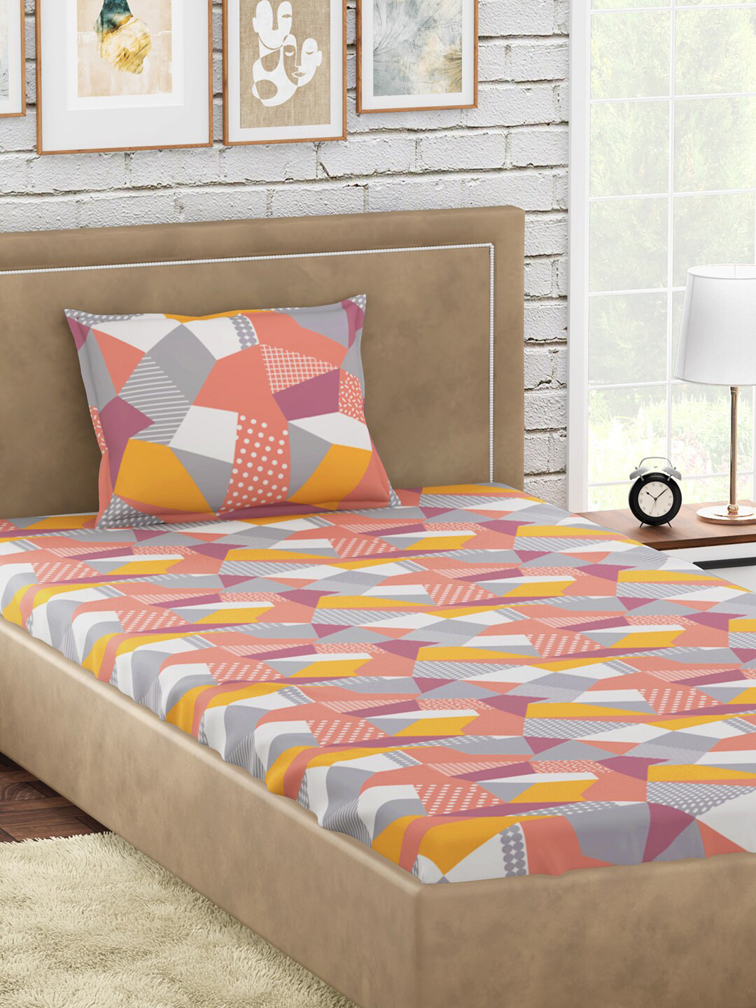 PETAL HOME Origami Multicoloured Abstract Cotton Skin-Friendly 300 TC Single Fine Bedsheet with a Pillow Cover-152 x 229 cm