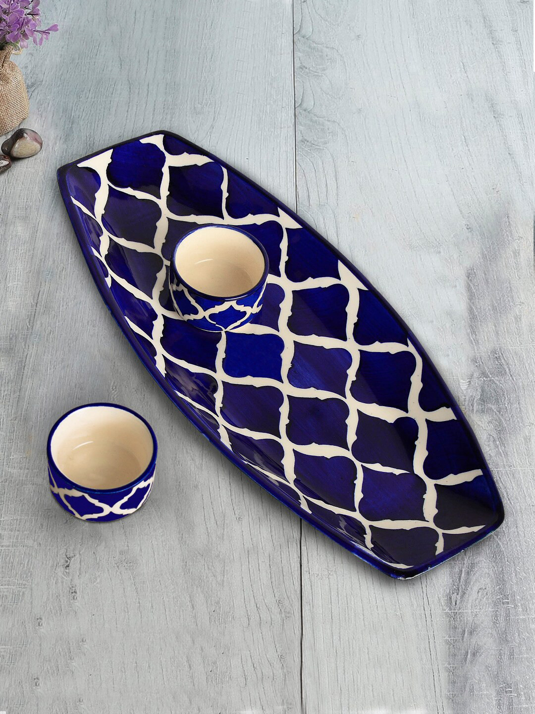 StyleMyWay Blue & White Hand Painted Serving Platter With Two Dip Bowls