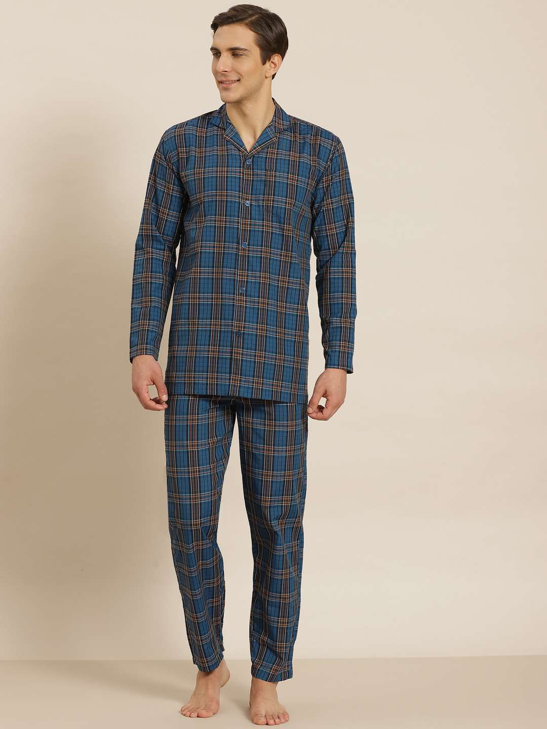SOJANYA Men Teal Blue & Mustard Checked Cotton Night suit