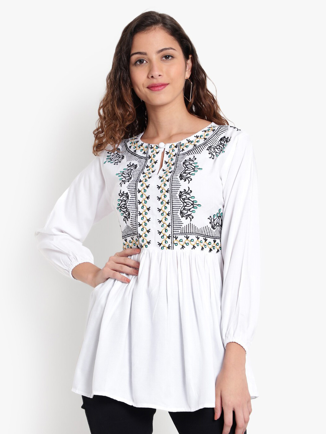 Indietoga Women Embroidered Rayon Regular Fit Top with Pocket