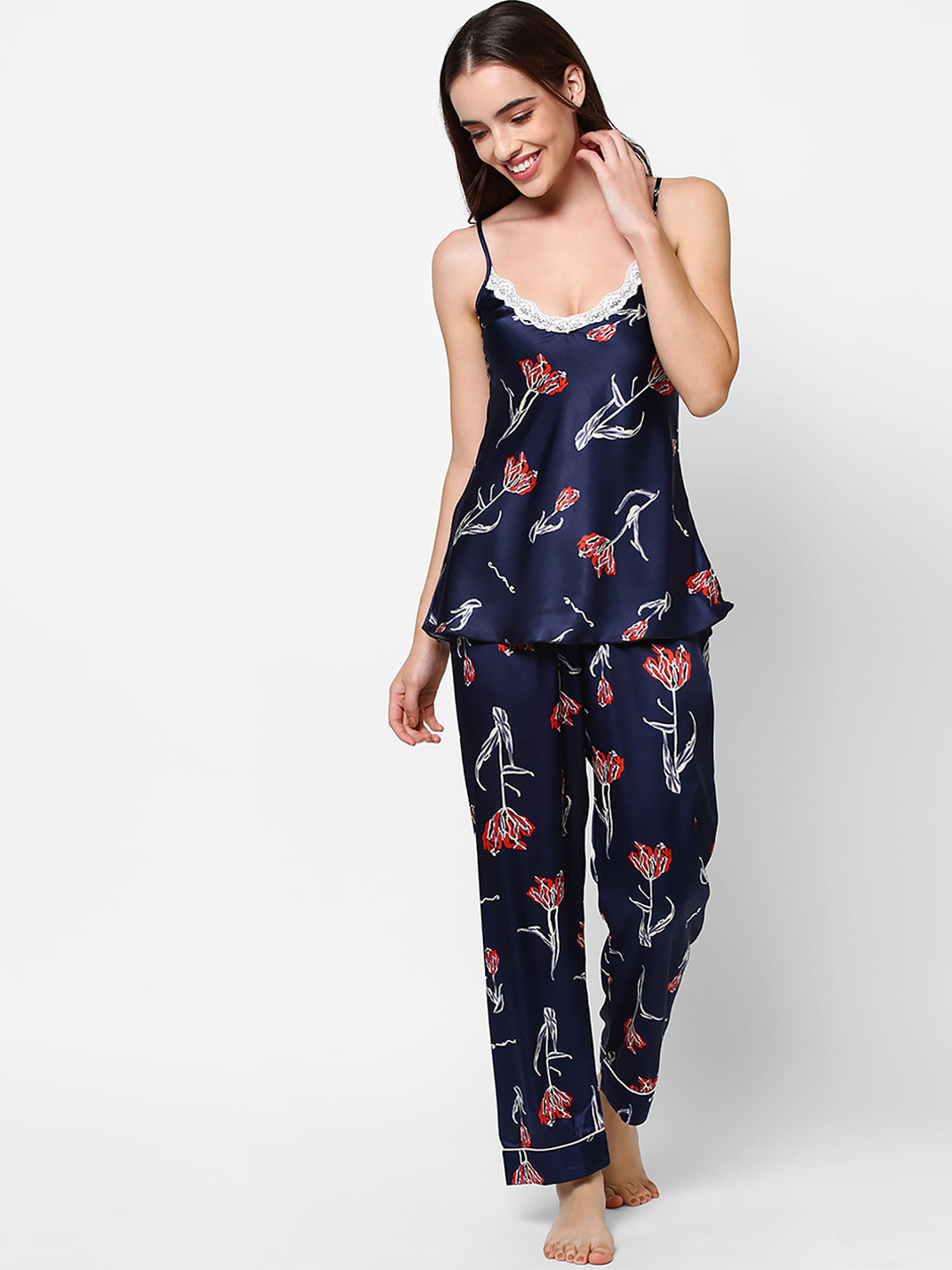 Sweet Dreams Women Navy Blue & Pink Printed Satin Night Suit With Robe