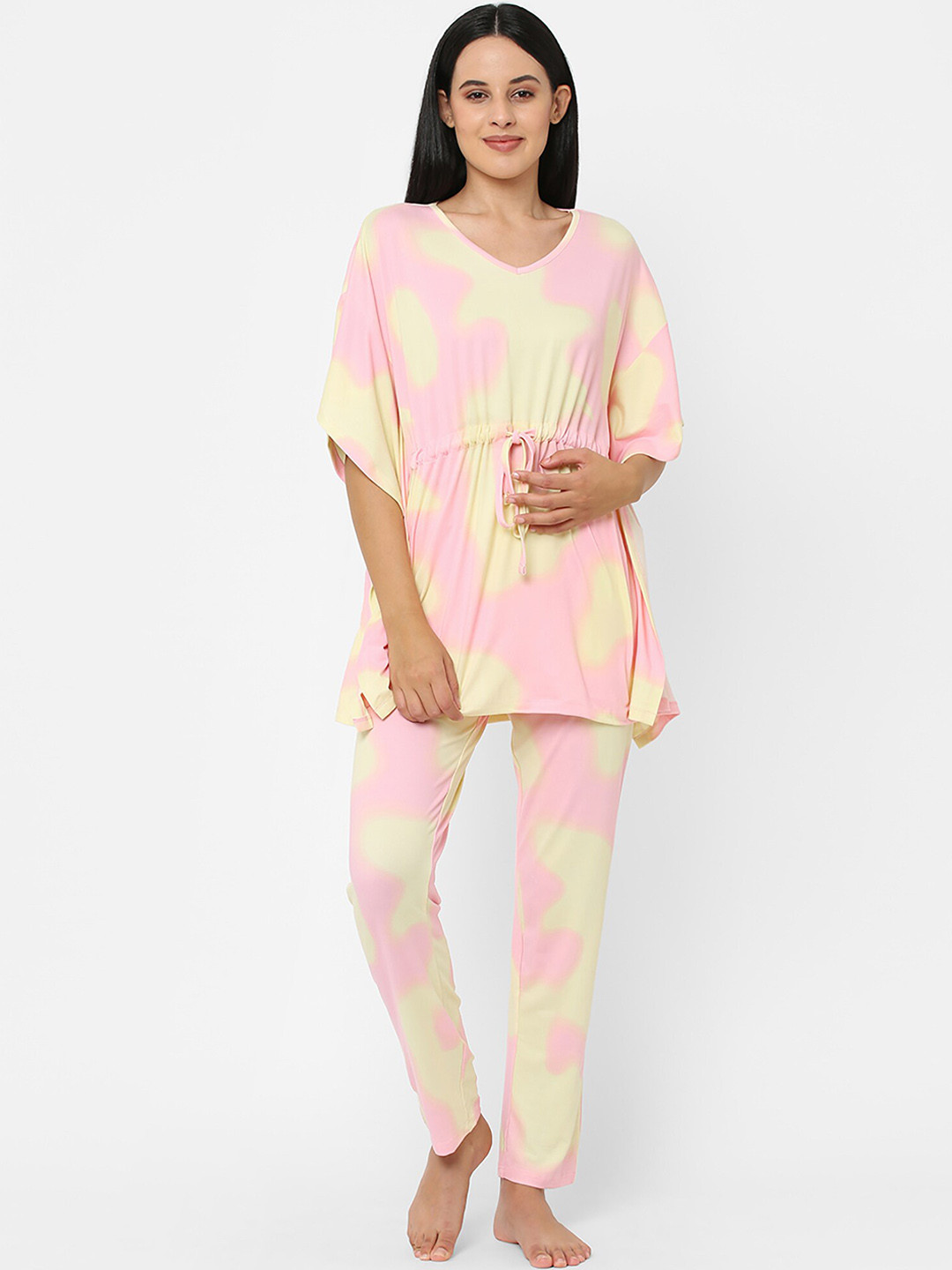 Sweet Dreams Women Yellow & Pink Tie and Dye Night suit