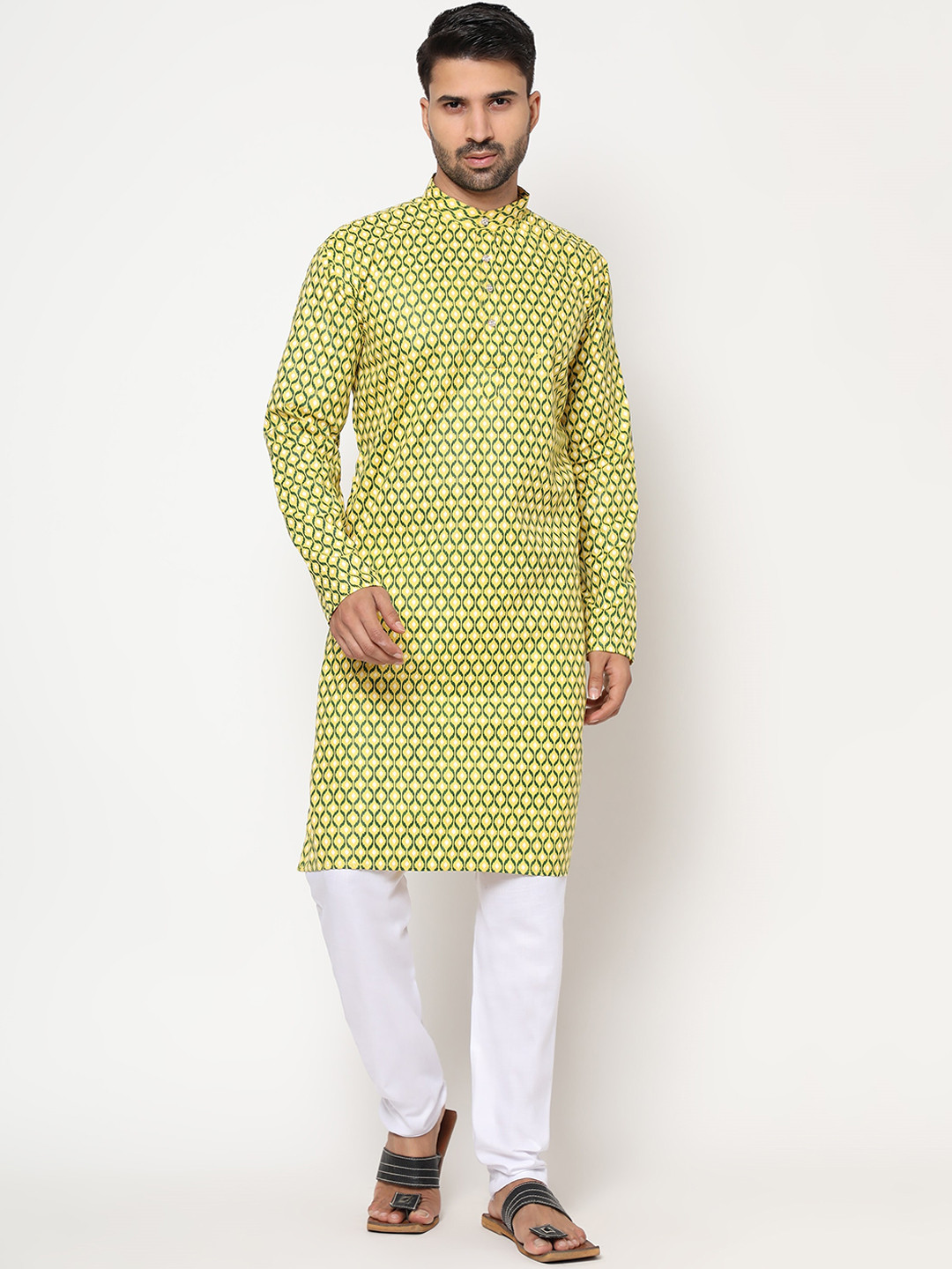 KAVYA SAREES Men Yellow & White Ethnic Motifs Printed Linen Kurta with Pyjamas