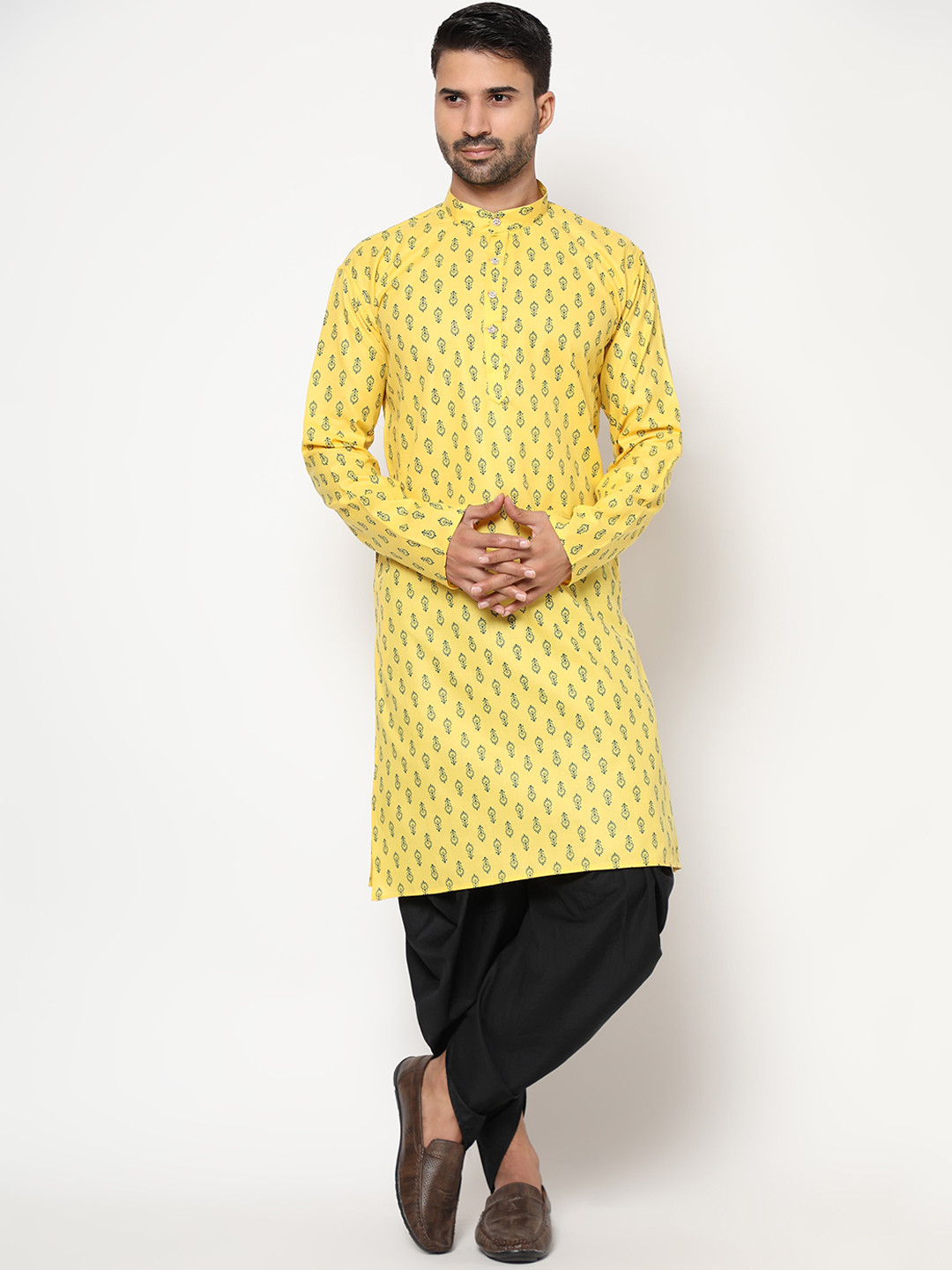 KAVYA SAREES Men Yellow Ethnic Motifs Printed Linen Kurta with Dhoti Pants
