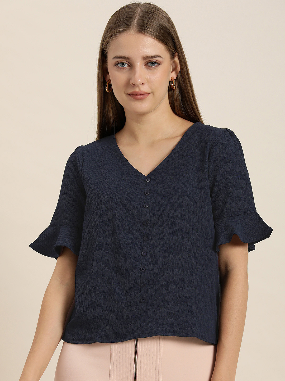 her by invictus Navy Blue Bell Sleeves Shirt Style Top