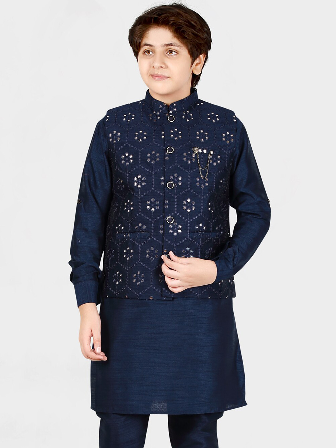 CAVIO Boys Blue Layered Thread Work Kurti with Pyjamas