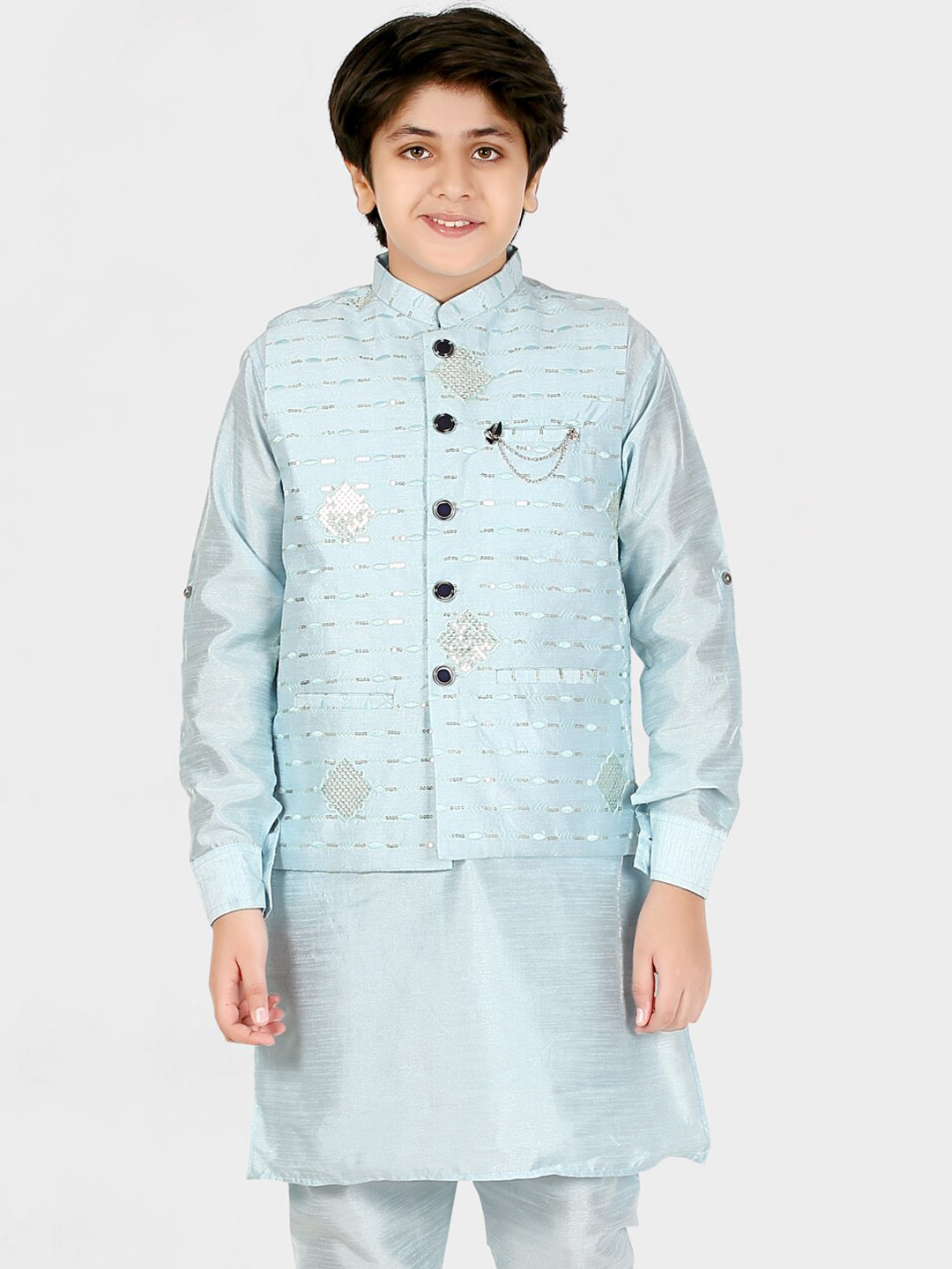 CAVIO Boys Blue Embroidered Sequinned Kurta with Churidar