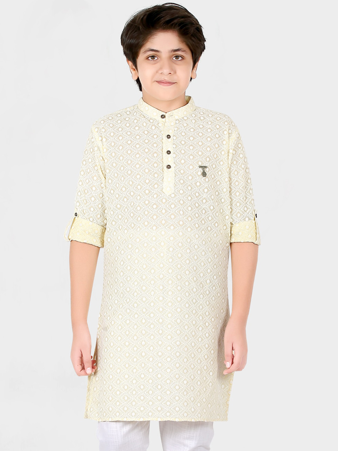 CAVIO Boys Cream-Coloured & White Embroidered Thread Work Kurta with Pyjamas