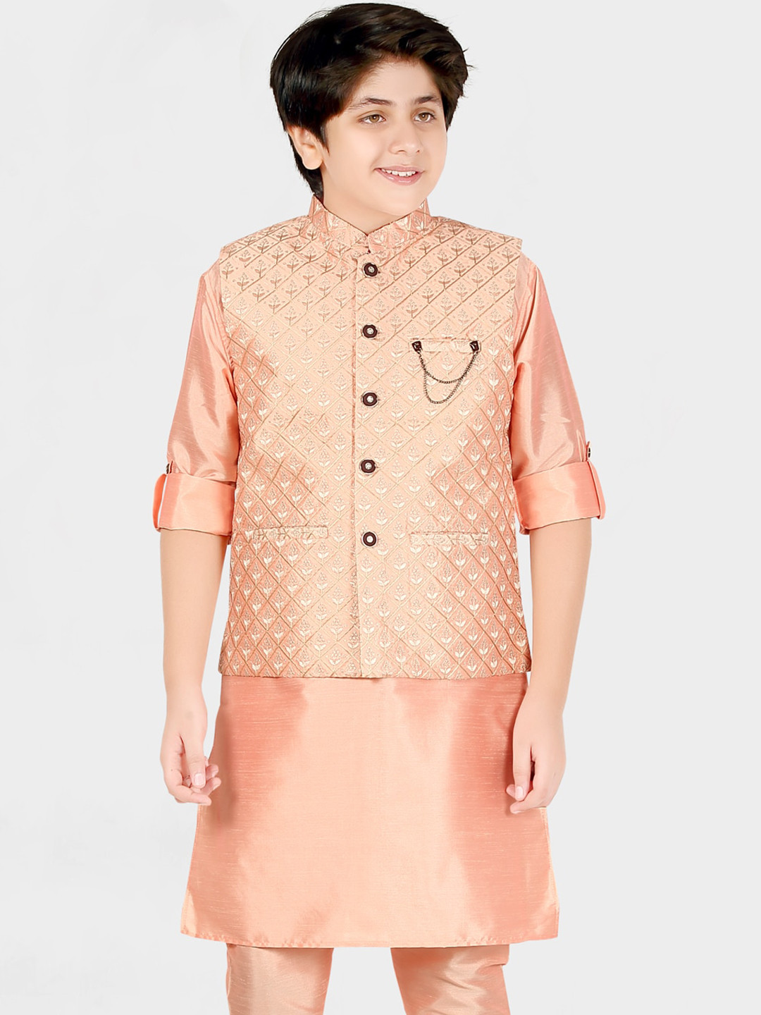 CAVIO Boys Pink Solid Thread Work Cotton Blend Kurta Set