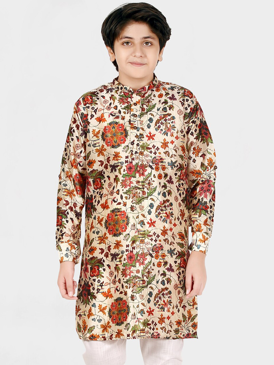 CAVIO Boys Cream-Coloured Floral Printed Kurta with Pyjamas